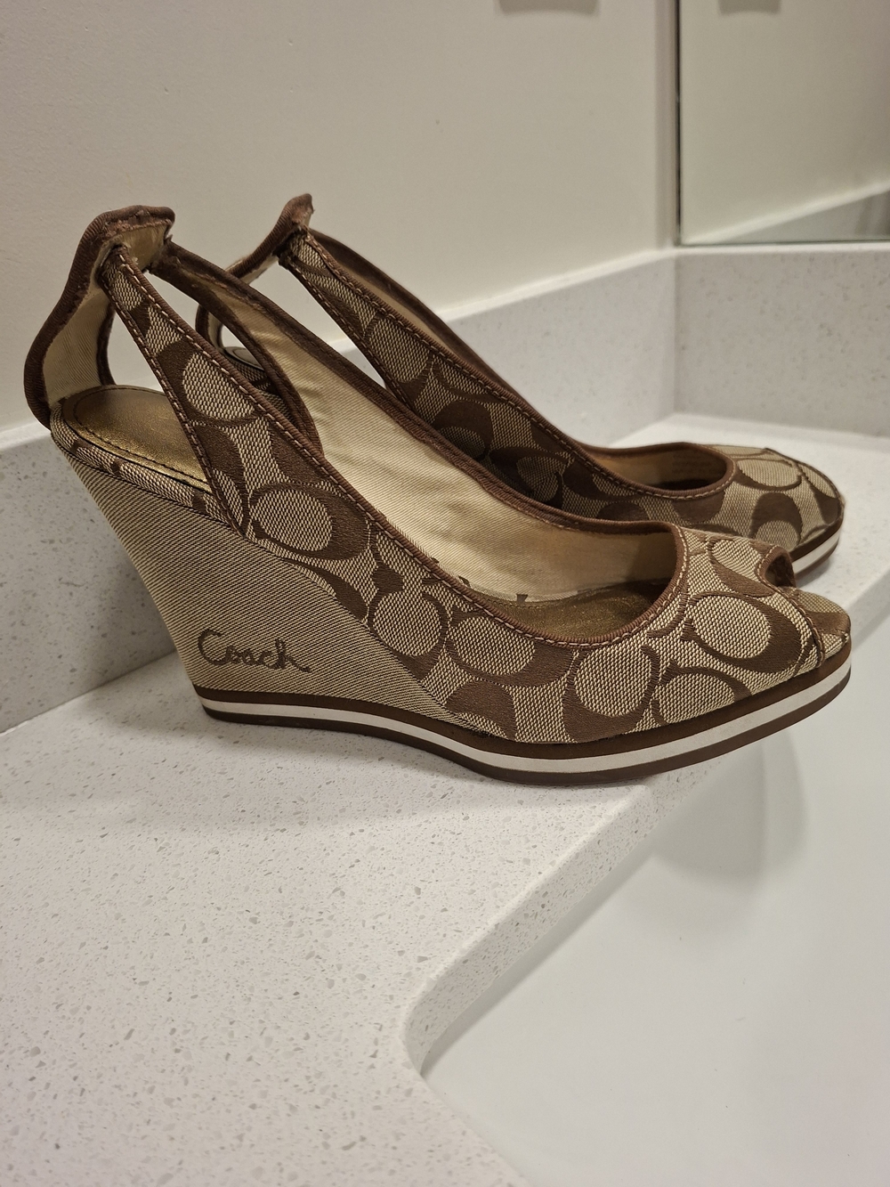 Coach Signature Peep-Toe Wedge Sandals in Brown